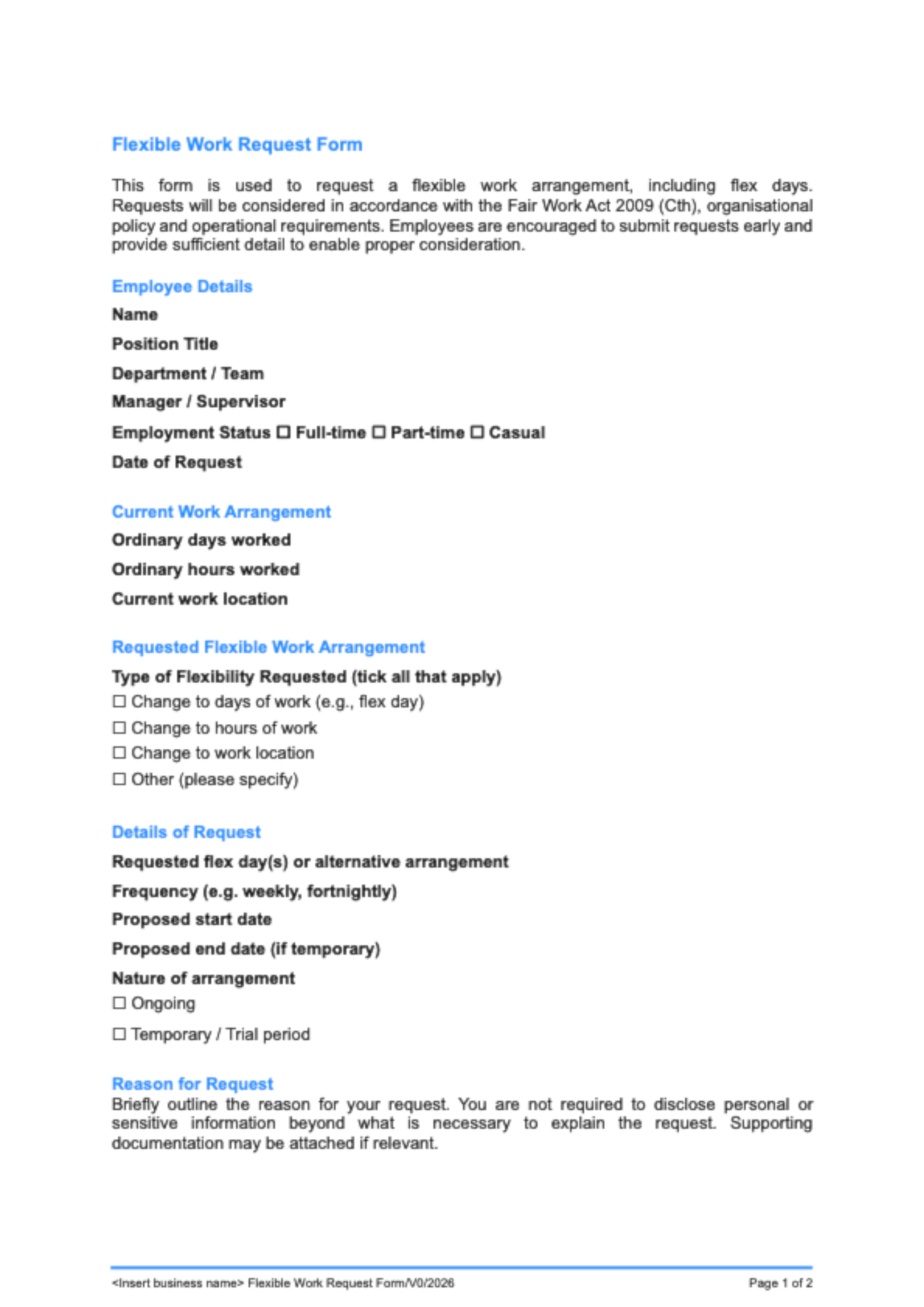 Flex Work Request Form
